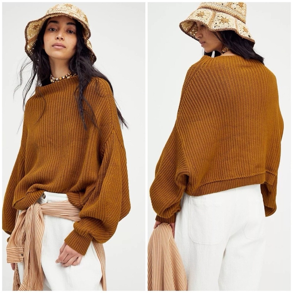 Free People Emmy Mock Neck Ribbed Knit Dolman Sleeve Sweater Mustard Brown XS